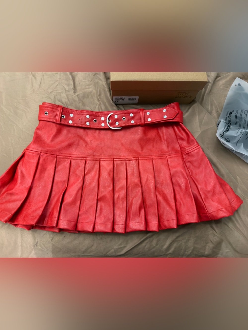 Fashion Nova Red Pleated Faux Leather Mini Skirt with Studded Belt